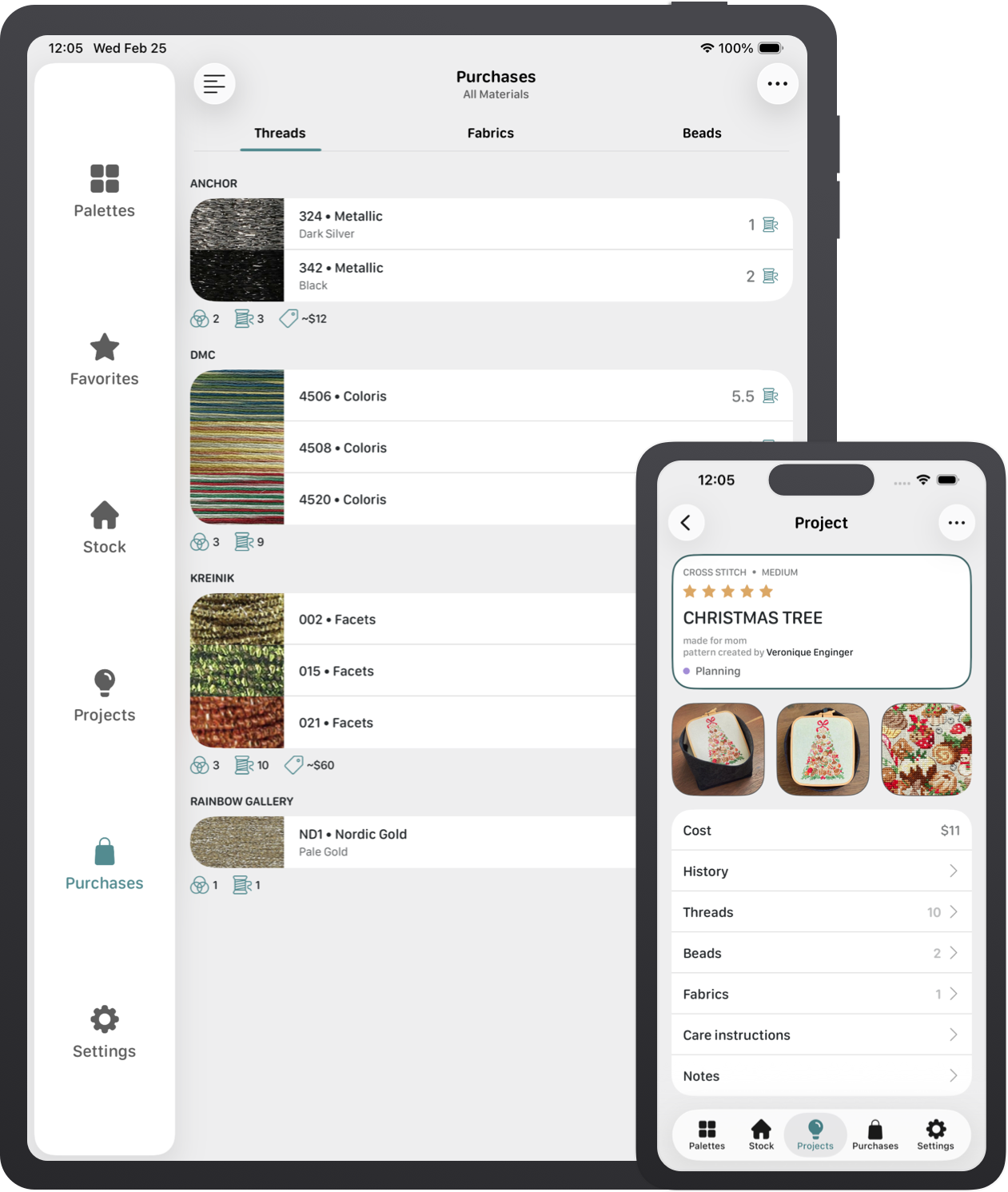 Needlentory app screens